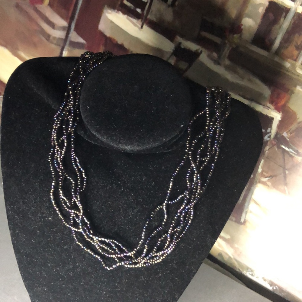Handcrafted Multi-Strand Beaded Necklace - Black and Iridescent